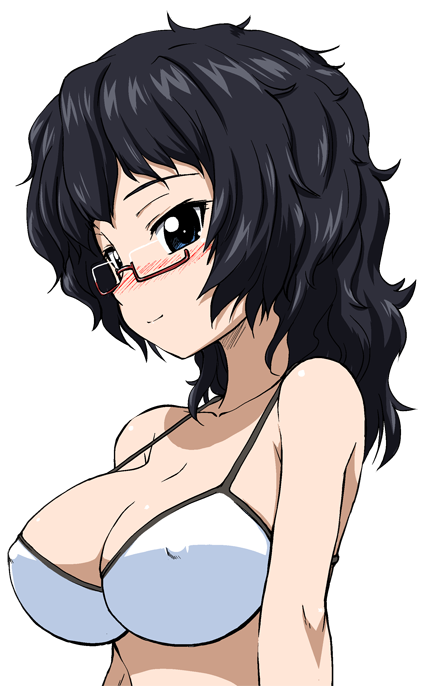 10s, 1girl, bare_shoulders, bikini, blush, bra, breasts, collarbone, covered_erect_nipples, female_focus, girls_und_panzer, glasses, large_breasts, long_hair, looking_at_viewer, messy_hair, nishino_eiichi, oryou_(girls_und_panzer), simple_background, smile, solo, strap_gap, swimsuit, underwear, white_bikini