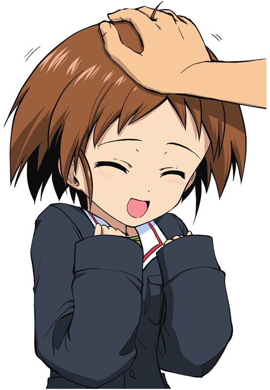 10s, 1girl, brown_hair, closed_eyes, girls_und_panzer, head_pat, headpat, long_sleeves, military, military_uniform, nishino_eiichi, open_mouth, sakaguchi_karina, smile, solo_focus, standing, transparent_background