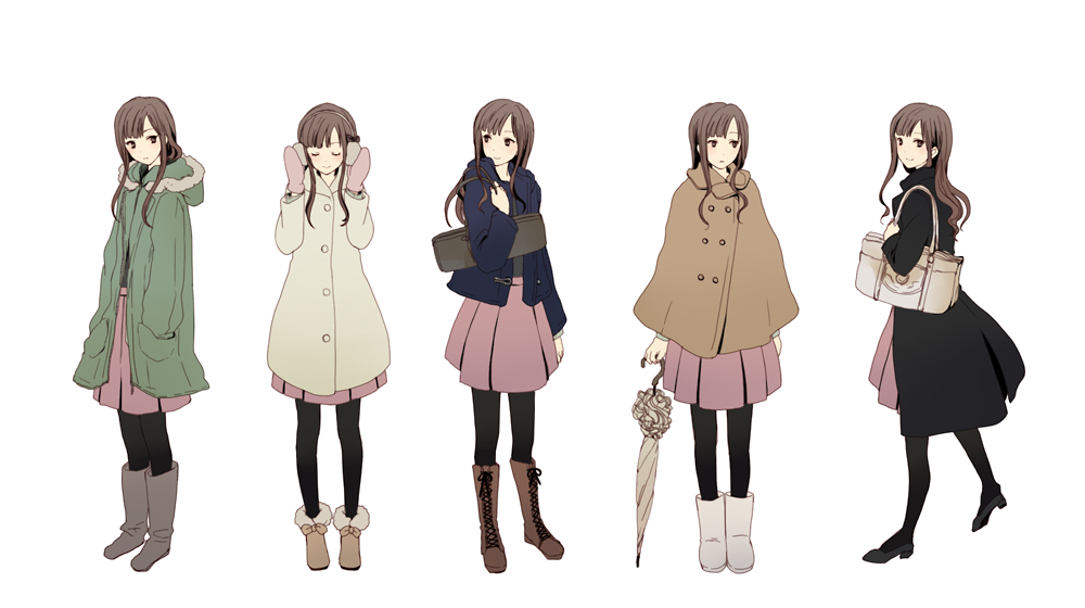 10s, 1girl, bad_id, bad_pixiv_id, bag, boots, brown_eyes, brown_hair, coat, closed_eyes, fashion, handbag, hands_in_pockets, ichikawa_(addiction), idolmaster, idolmaster_cinderella_girls, jacket, long_hair, mizumoto_yukari, pantyhose, skirt, smile, umbrella