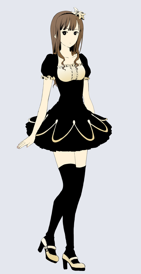 10s, 1girl, bad_id, bad_pixiv_id, black_thighhighs, brown_hair, dress, female_focus, flower, full_body, hair_flower, hair_ornament, hairband, ichikawa_(addiction), idolmaster, idolmaster_cinderella_girls, long_hair, mizumoto_yukari, solo, thighhighs