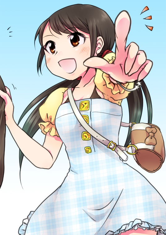 10s, 1girl, :d, bag, black_hair, handbag, idolmaster, idolmaster_cinderella_girls, long_hair, nakano_yuka, open_mouth, pointing, producer_(idolmaster), shinkai_kiiro, sinkaikiiro, smile