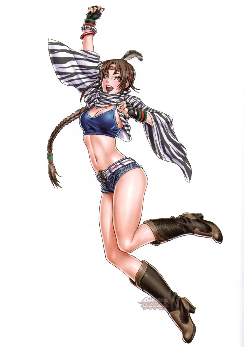 1girl, bare_legs, boots, bracelet, braid, breasts, brown_boots, brown_eyes, brown_hair, cleavage, cowboy_boots, crop_top, cropped_jacket, denim, denim_shorts, female_focus, fingerless_gloves, full_body, gloves, headdress, high_heel_boots, high_heels, highres, indian_headdress, jacket, jewelry, knee_boots, knees_together_feet_apart, long_hair, medium_breasts, michelle_chang, midriff, namco, native_american_clothes, native_american_headdress, navel, official_art, open_clothes, open_jacket, scarf, shirt, short_shorts, shorts, simple_background, single_braid, solo, taut_clothes, taut_shirt, tekken, tekken_2, tekken_tag_tournament, tekken_tag_tournament_2, white_background, yamashita_shun'ya