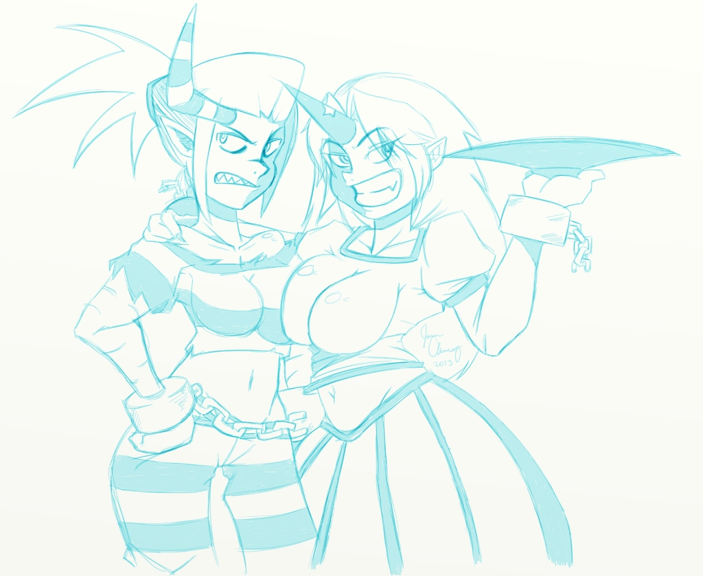 2girls, alcohol, arm_around_shoulder, bare_shoulders, breast_press, chain, crossover, cuffs