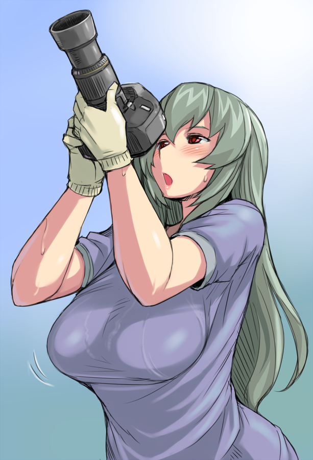 00s, 1girl, aged_up, blush, breasts, camera, female_focus, gloves