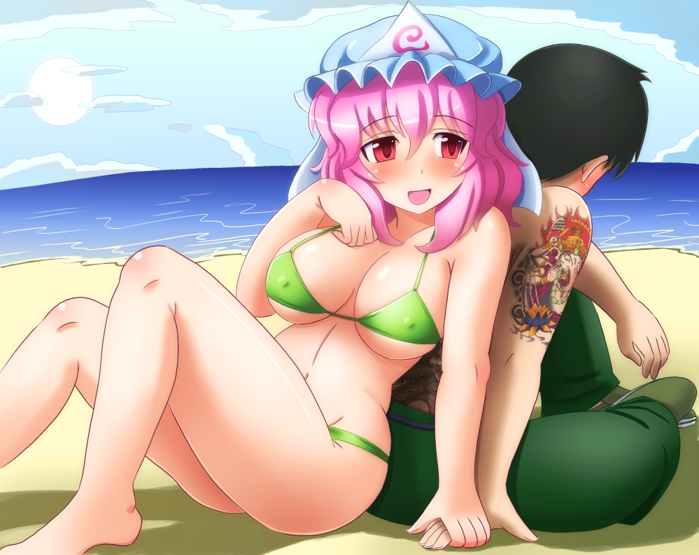 1boy, 1girl, artist_self-insert, bad_id, bad_pixiv_id, beach, bikini, black_hair, blush, breasts, cameo, ganesha, holding_hands, hat, hetero, large_breasts, pink_hair, red_eyes, saigyouji_yuyuko, shin'en-san_(shin'en), shin'en_(gyokuro_company), short_hair, swimsuit, touhou, triangular_headpiece