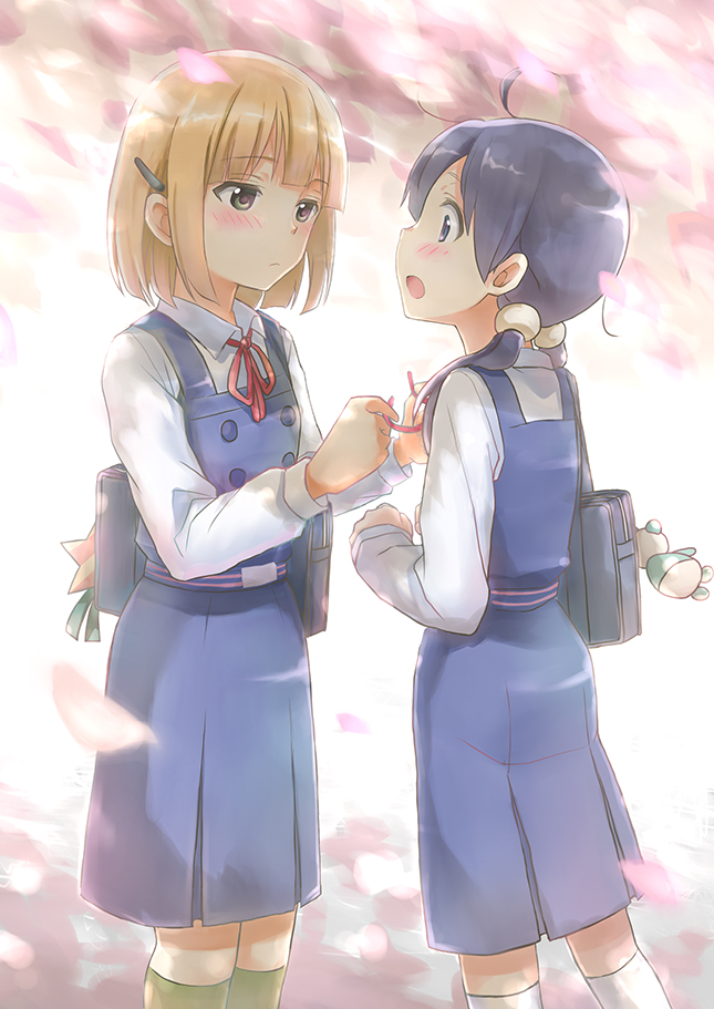 2girls, bag, black_hair, black_socks, blonde_hair, blue_eyes, blush, bow
