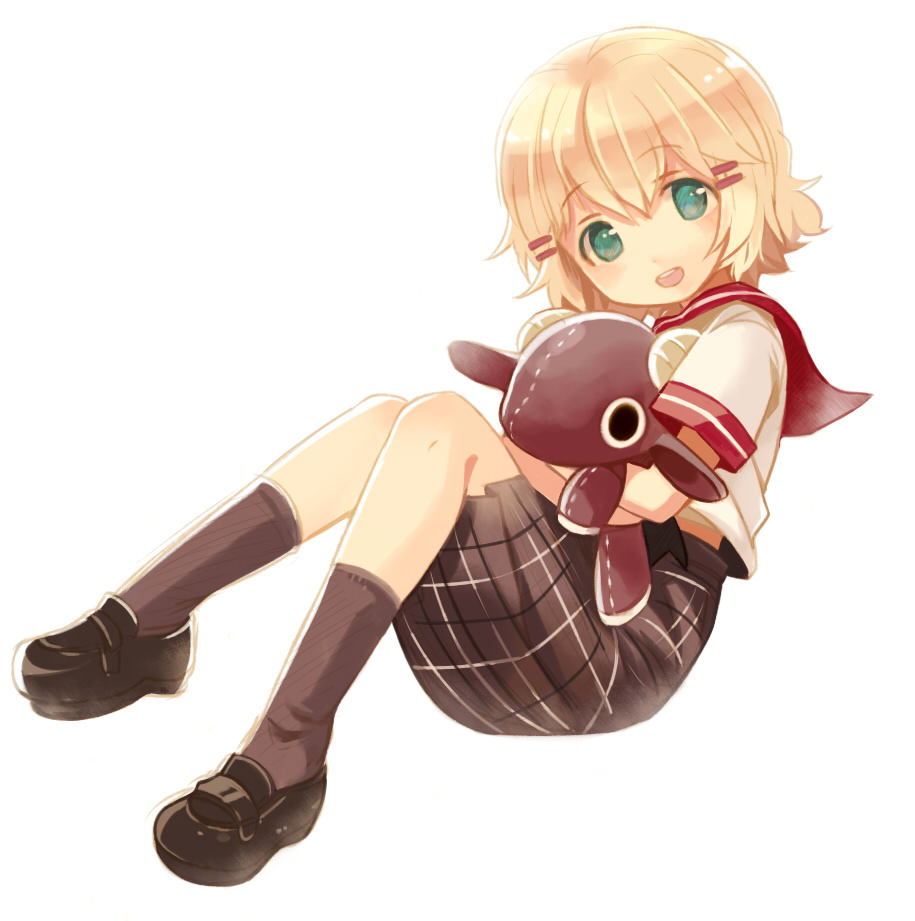 1girl, blonde_hair, blue_eyes, chaba_(hortensia), ensemble_girls!, female_focus, hug, kinoshita_yuyu, open_mouth, rabbit, short_hair, sitting, socks, solo