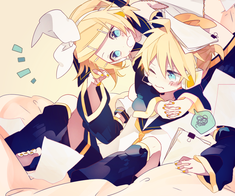 1boy, 1girl, 4_(nakajima4423), blonde_hair, blue_eyes, brother_and_sister, fang, hairband
