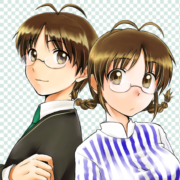 00s, 1boy, 1girl, akizuki_ritsuko, antenna_hair, blush, braid, brown_eyes