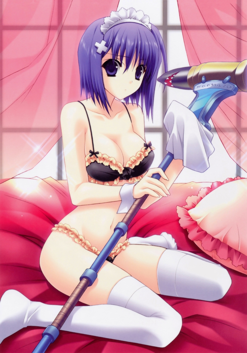 1girl, 5pb., absurdres, bed_sheet, black_bra, black_panties, blanket, blue_eyes, blue_hair, bra, breasts, cleavage, collarbone, curtains, frilled_bra, frilled_panties, frilled_pillow, frills, hammer, highres, holding, huge_filesize, kouno_itsuki, lingerie, looking_at_viewer, maid_headdress, navel, panties, phantom_breaker, pillow, polearm, rod, scan, sitting, sparkle, staff, stomach, suzuhira_hiro, thighhighs, torpedo, underwear, underwear_only, war_hammer, wariza, weapon, white_thighhighs, window, wrist_cuffs, yokozuwari