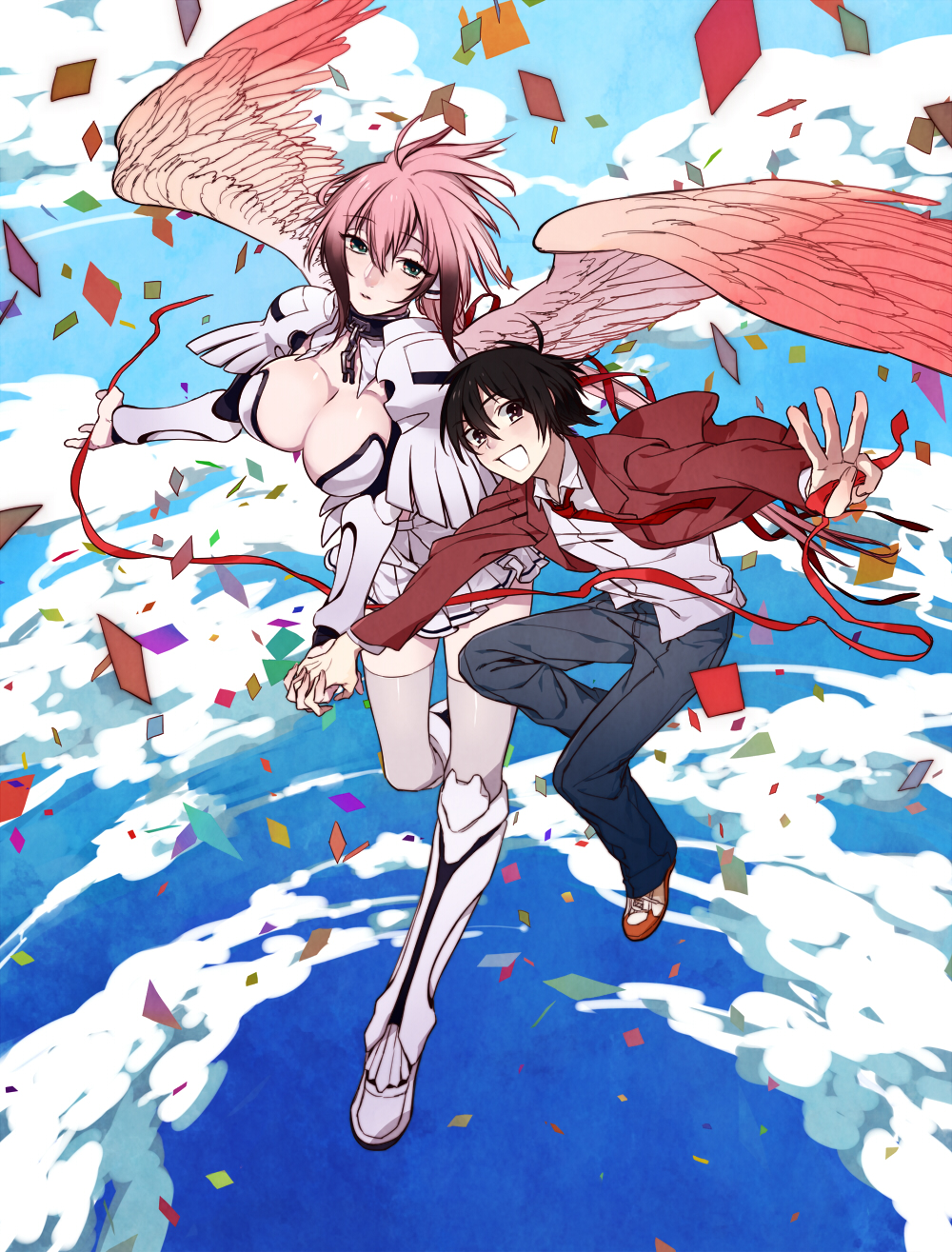 1boy, 1girl, android, angel, angel_wings, bad_id, bad_pixiv_id, breasts, chain, cleavage, cloud, collar, gradient_hair, green_eyes, holding_hands, hetero, highres, ikaros, large_breasts, multicolored_hair, necktie, pink_hair, red_hair, ribbon, robot_ears, rururara, sakurai_tomoki, sky, sora_no_otoshimono, thighhighs, wings