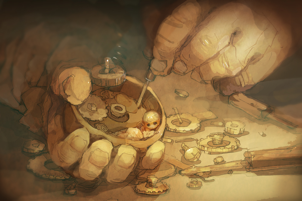 1boy, 1girl, blonde_hair, bolt_(hardware), demizu_posuka, gears, mini_person, minigirl, original, pocket_watch, pone, screw, screwdriver, size_difference, watch