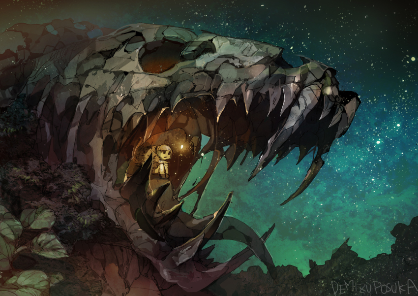 1girl, artist_name, bone, demizu_posuka, female_focus, kaiju, long_tongue, monster, night, original, pone, signature, sitting, skull, sky, solo, star_(sky), starry_sky, teeth, tongue, tongue_out