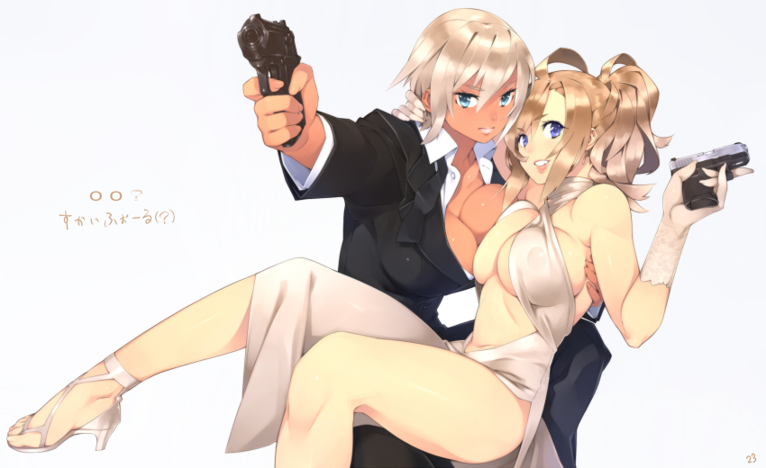 007, 23_(real_xxiii), 2girls, ahoge, aiming, aiming_at_viewer, asymmetrical_docking, bare_legs