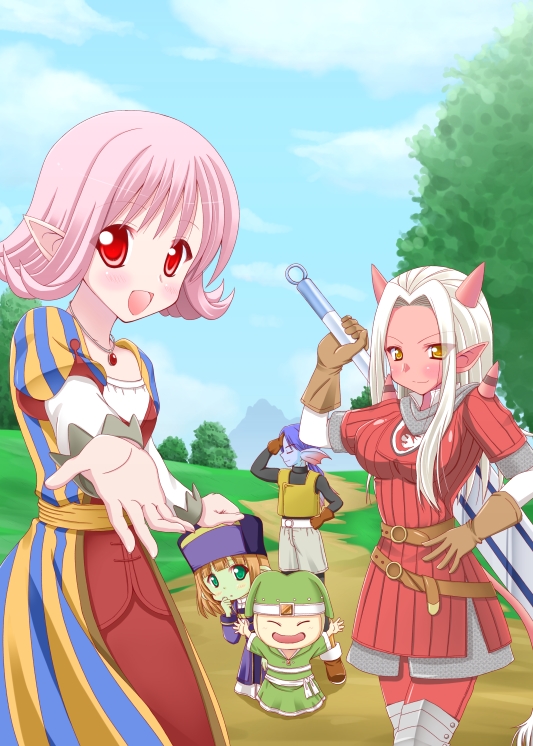 2boys, 3girls, :d, :o, armor, armored_dress, bad_id, bad_pixiv_id