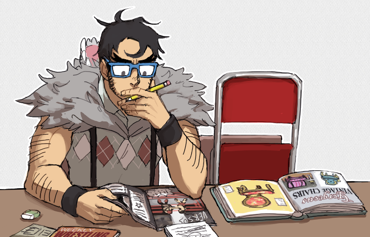 1boy, argyle, arm_hair, beowulf_(skullgirls), bespectacled, black_hair, book, cape