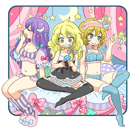 3girls, alice_margatroid, babydoll, black_legwear, blonde_hair, blue_bra, blue_eyes, blue_legwear, blue_panties, bra, breasts, cleavage, closed_eyes, crescent, crescent_hair_ornament, female_focus, garter_straps, grin, hair_ornament, hair_ribbon, hairband, kirisame_marisa, long_hair, mashuu_masaki, multiple_girls, missing_headwear, open_mouth, panties, patchouli_knowledge, purple_hair, ribbon, shanghai_doll, short_hair, slippers, smile, socks, star_(symbol), striped_bra, striped_clothes, striped_legwear, striped_panties, striped_socks, thighhighs, touhou, underwear, underwear_only, vertical-striped_clothes, vertical-striped_legwear, vertical-striped_socks, wings, yawning, yellow_eyes