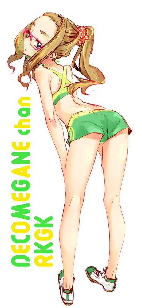 1girl, ass, bikini, bikini_top_only, blonde_hair, blue_eyes, dekomegane, earrings, eyewear_strap, female_focus, forehead, glasses, jewelry, leaning_forward, long_hair, looking_back, original, ponytail, sasetsu, scrunchie, shoes, shorts, sidelocks, sneakers, solo, swimsuit