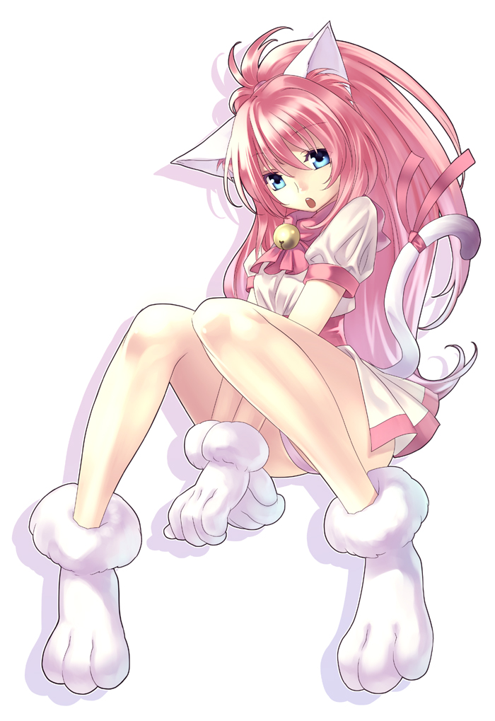:o, animal_ears, animal_hands, bell, blue_eyes, cat_ears, cat_tail, full_body, gloves, high_ponytail, hirano_katsuyuki, looking_at_viewer, melody_sinclair, paw_gloves, paw_shoes, pink_hair, ponytail, ribbon, sitting, solo, tail, tail_ornament, tail_ribbon, v_arms, wide_ponytail, yuukyuu_gensoukyoku