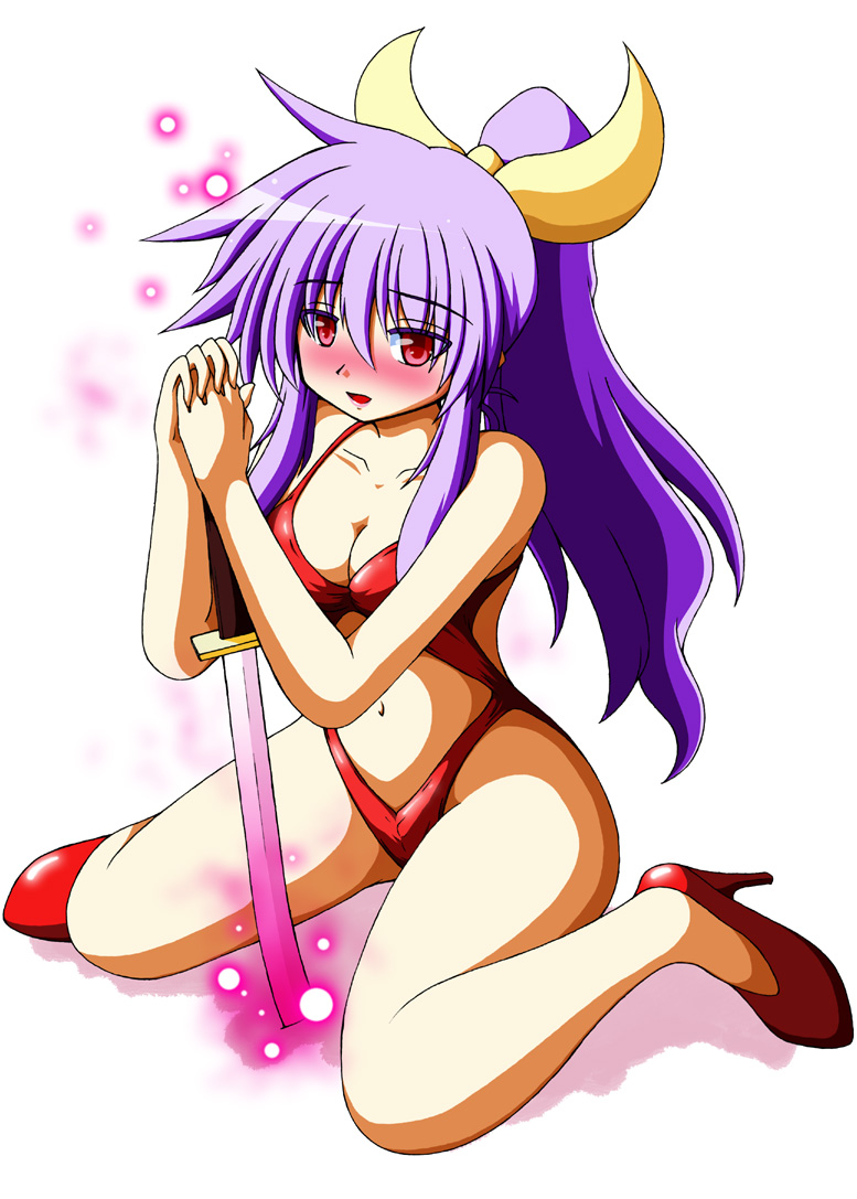 1girl, blush, chunsoft, dragon_quest, dragon_quest_iii, enix, female_focus, high_ponytail, long_hair, nanashino_souta, one-piece_swimsuit, ponytail, purple_hair, red_eyes, revealing_swimsuit_(dq), sitting, solo, swimsuit, touhou, wariza, watatsuki_no_yorihime