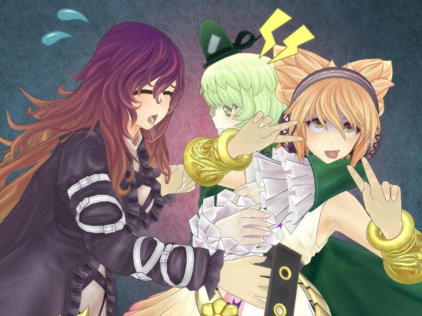 3girls, ahegao, angry, armpits, belt, bracelet, clenched_teeth, double_v, dress, closed_eyes, female_focus, flying_sweatdrops, gradient_hair, green_eyes, hat, highres, hijiri_byakuren, jealous, jewelry, lightning_bolt_symbol, montekoa, multicolored_hair, multiple_girls, soga_no_tojiko, tate_eboshi, teeth, tongue, tongue_out, touhou, toyosatomimi_no_miko, v, yellow_eyes
