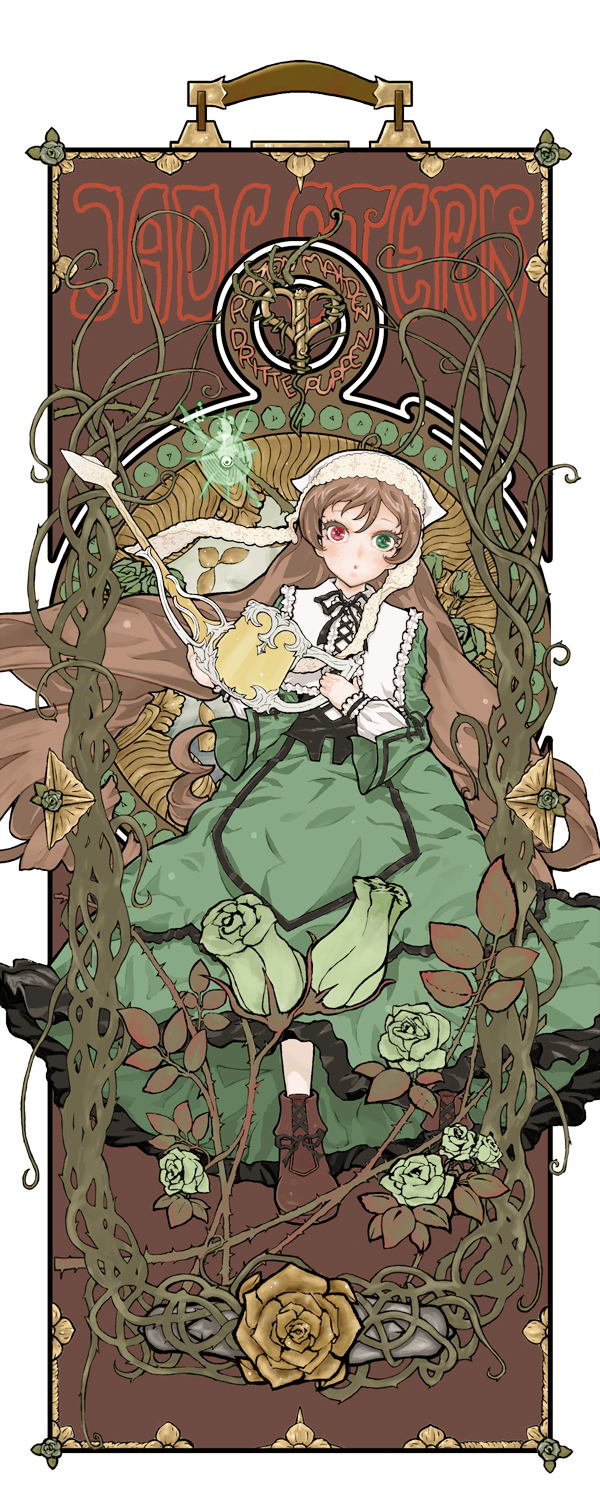 00s, 1girl, art_nouveau, blush, boots, brown_hair, dress, female_focus, flower, frills, fujinozu, full_body, german_text, green_dress, green_flower, green_rose, headscarf, hetero, heterochromia, highres, holding, long_hair, long_sleeves, plant, rose, rozen_maiden, solo, suiseiseki, text_focus, thorns, translated, very_long_hair, vines, watering_can, white_headscarf, yellow_flower, yellow_rose