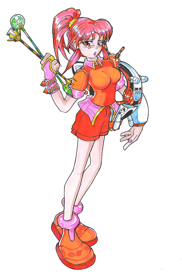 claris_sinclair, fingerless_gloves, gloves, lynne_triplett, nail_polish, nights_into_dreams, pink_hair, ponytail, school_uniform, shorts, solo, sweater_vest, tears, third-party_edit