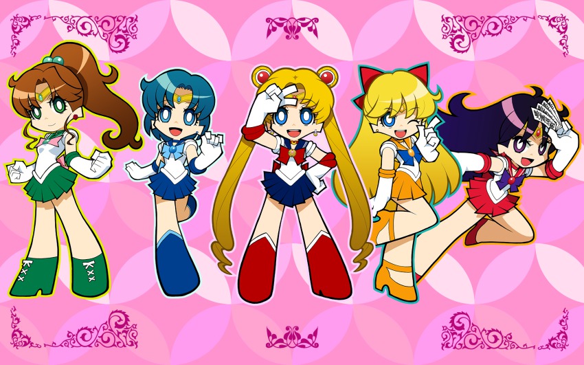 5girls, :d, ;d, ahoge, aino_minako, arm_up, bishoujo_senshi_sailor_moon, bishoujo_senshi_sailor_moon_(first_season), black_hair, blonde_hair, blue_dress, blue_eyes, blue_footwear, blue_hair, blue_sailor_collar, blue_skirt, boots, bow, brown_hair, chibi, choker, clenched_hands, double_bun, dress, earrings, elbow_gloves, full_body, gloves, green_boots, green_dress, green_eyes, green_skirt, hair_bobbles, hair_bow, hair_bun, hair_ornament, half_updo, hand_on_own_hip, high_ponytail, highres, hino_rei, inner_senshi, jewelry, kino_makoto, knee_boots, long_hair, magical_girl, md5_mismatch, mizuno_ami, multiple_girls, ofuda, one_eye_closed, open_mouth, orange_dress, orange_skirt, panty_&amp;_stocking_with_garterbelt, parody, pink_background, pink_bow, pointing, ponytail, purple_eyes, red_bow, red_dress, red_skirt, ribbon, sailor_collar, sailor_jupiter, sailor_mars, sailor_mercury, sailor_moon, sailor_senshi, sailor_venus, shoes, short_hair, skirt, smile, standing, standing_on_one_leg, style_parody, tagro, tiara, tsukino_usagi, twintails, v, white_gloves, wink