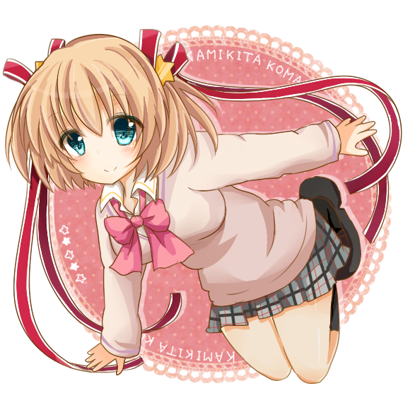 1girl, bad_id, bad_pixiv_id, blonde_hair, bow, green_eyes, hair_ribbon, kamikita_komari