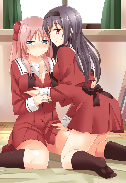 2girls, ayase_miya, azumi_risa, bad_id, bad_pixiv_id, black_hair, blue_eyes, blush