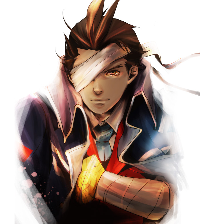 1boy, ace_attorney, ahoge, apollo_justice, bandage_over_one_eye, bandages, blue_necktie, bracelet