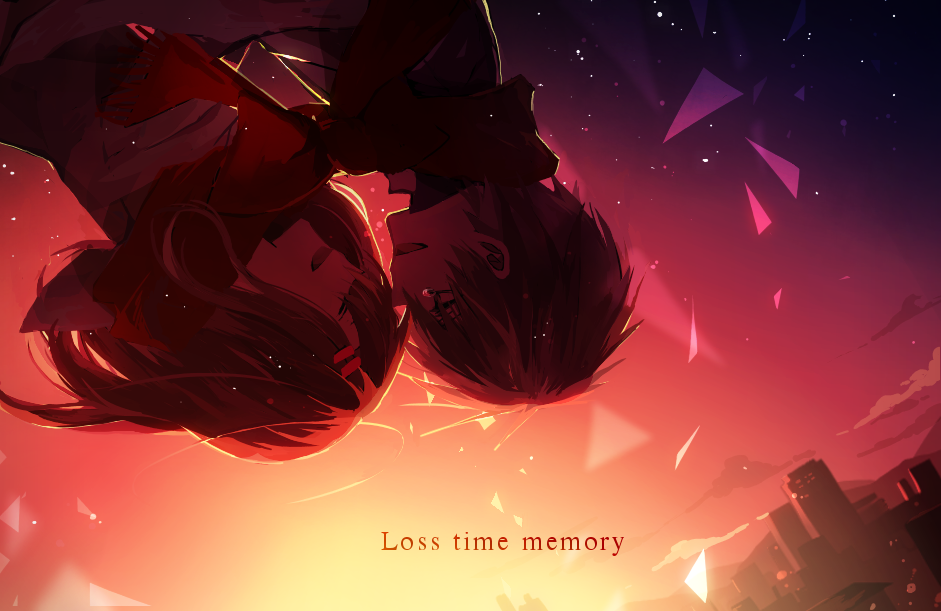 1boy, 1girl, backlighting, bad_id, bad_pixiv_id, black_hair, closed_eyes, cloud