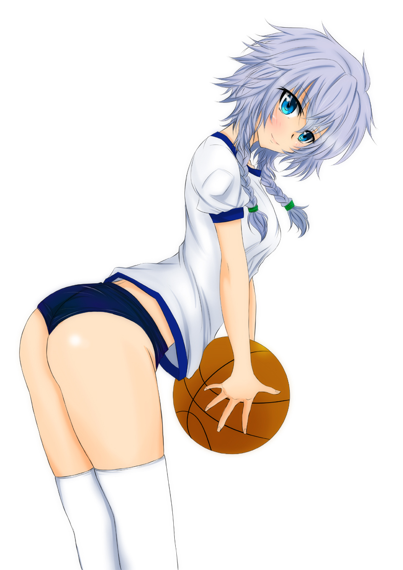 1girl, alternate_costume, ass, ball, bent_over, blue_eyes, braid, buruma