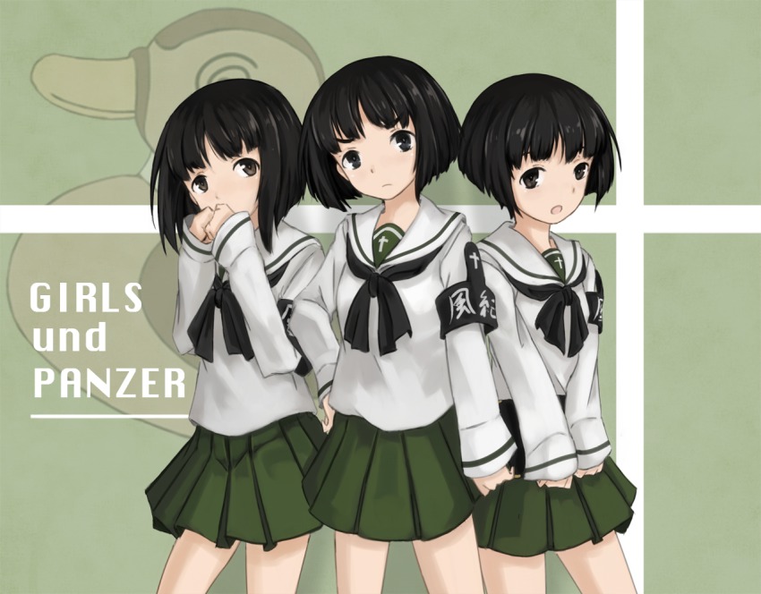 10s, 3girls, armband, bird, copyright_name, duck, emblem, girls_und_panzer