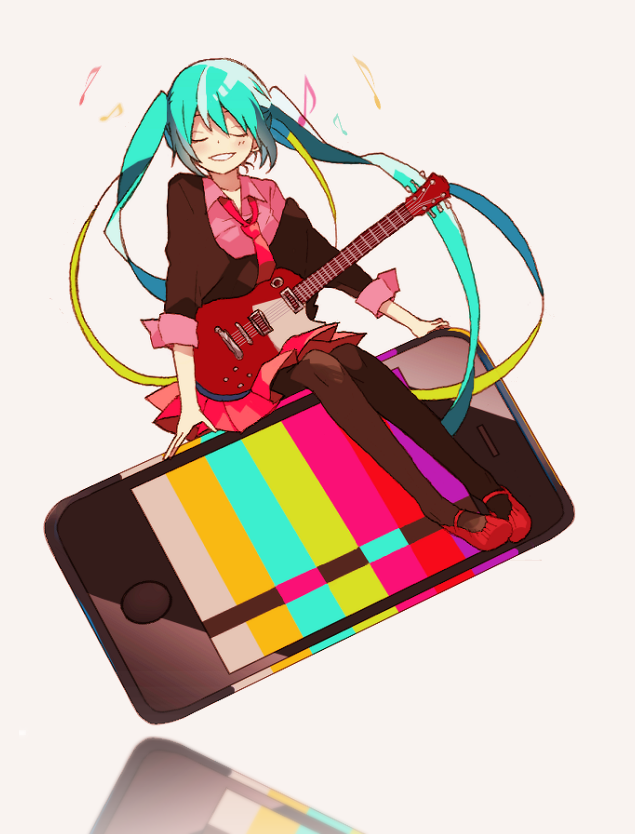 1girl, 4_(nakajima4423), alternate_costume, aqua_eyes, aqua_hair, blue_hair, cellphone, closed_eyes