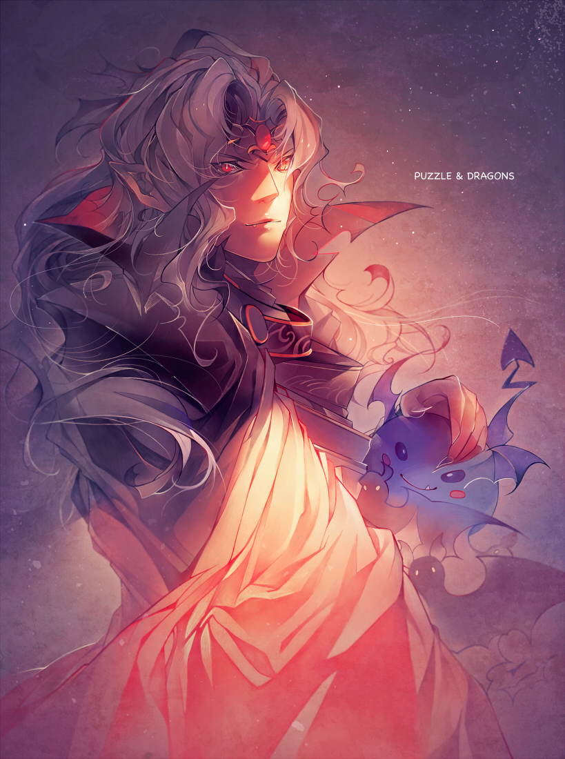 1boy, bad_id, bad_pixiv_id, demon, fumoe, long_hair, male_focus, puzzle_&amp;_dragons, red_eyes, smile, solo, vampire, vampire_lord_(p&amp;d)