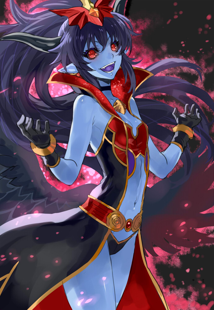 1girl, bare_shoulders, black_gloves, black_sclera, blue_hair, blue_skin, breasts, colored_sclera, colored_skin, fang, female_focus, flat_chest, gloves, horns, laughing, long_hair, mephisto_pheles_(shinrabanshou), midriff, navel, open_mouth, ran'ou_(tamago_no_kimi), red_eyes, shinrabanshou, small_breasts, smile, solo, very_long_hair