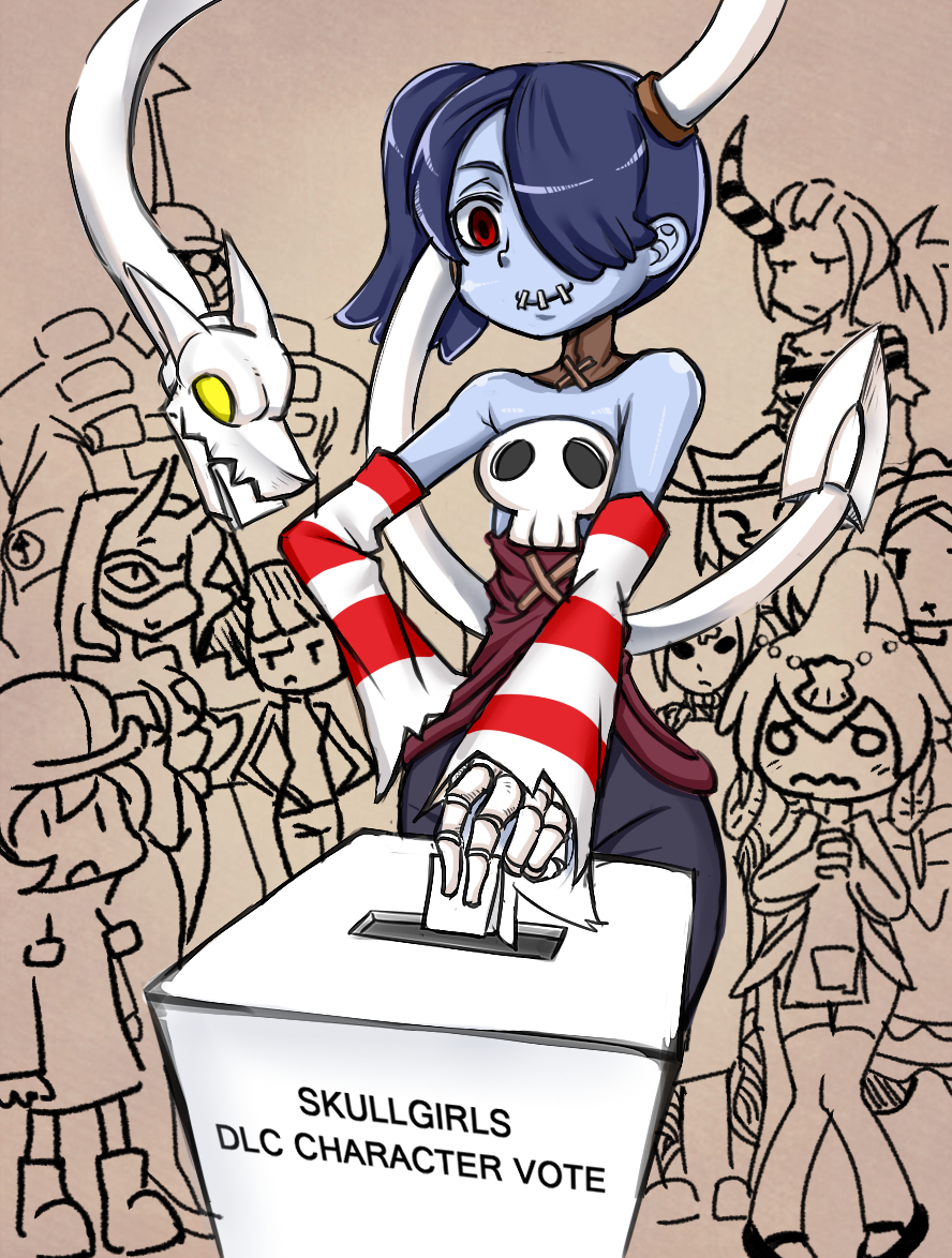 2boys, 6+girls, x_mouth, bloody_marie_(skullgirls), blue_hair, blue_skin, colored_skin, d._violet_(skullgirls)