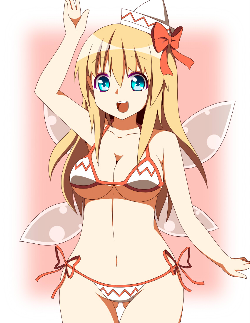 1girl, bikini, blonde_hair, blue_eyes, breasts, cleavage, fairy_wings, female_focus