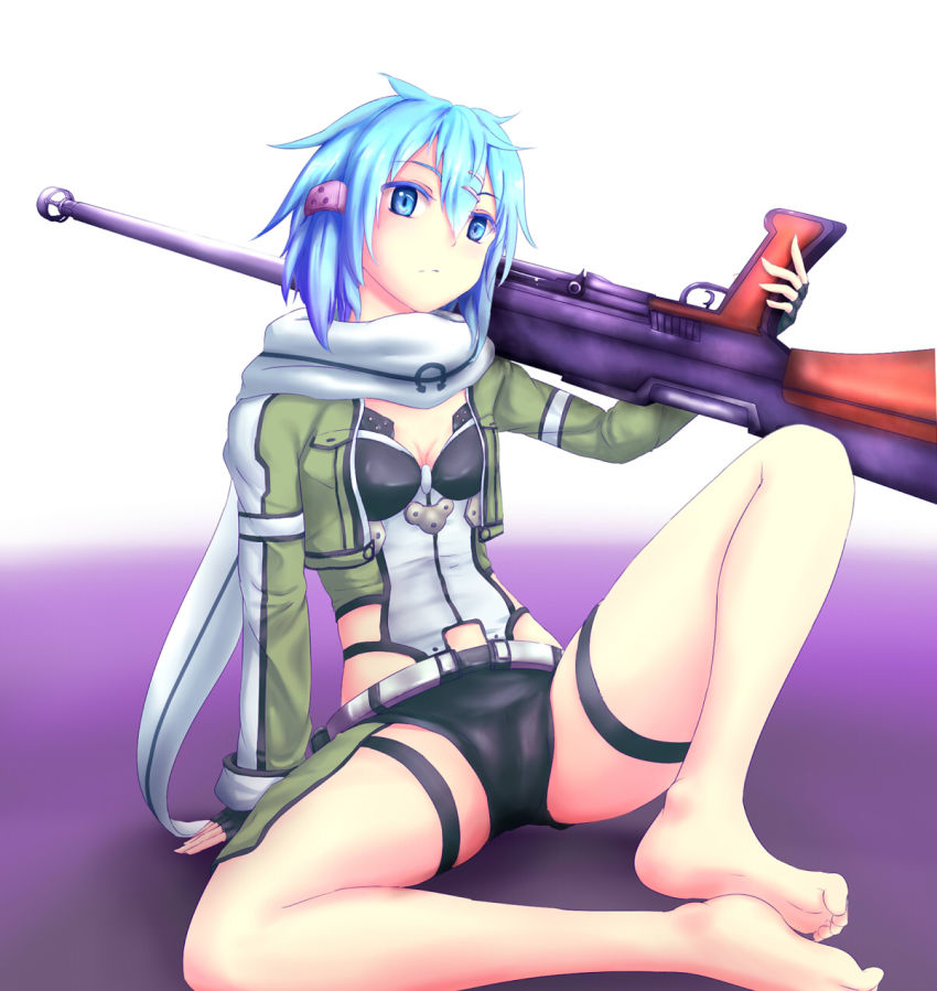 10s, 1girl, anti-materiel_rifle, barefoot, blue_eyes, blue_hair, feet, fingerless_gloves