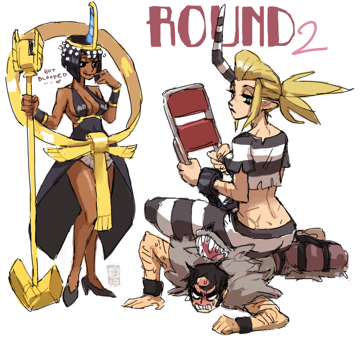1boy, 2girls, :q, ancient_egyptian, ankh, arm_hair, bare_shoulders, beowulf_(skullgirls)