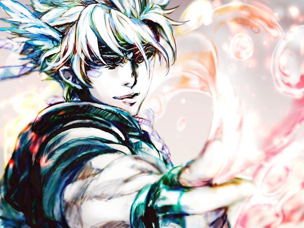 1boy, blonde_hair, bubble, caesar_anthonio_zeppeli, facial_mark, feather_hair_ornament, feathers, fingerless_gloves