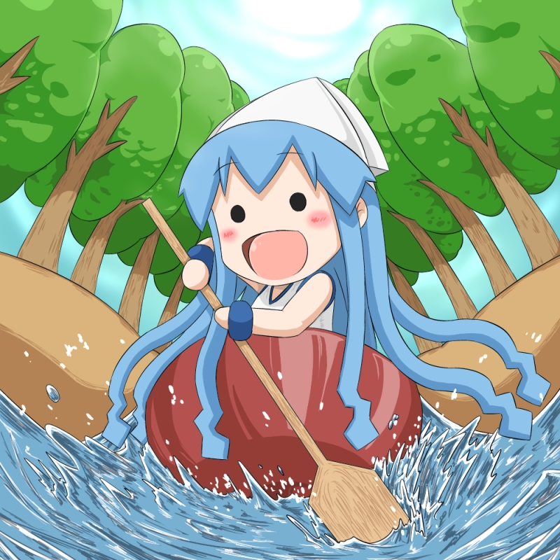1girl, :d, blue_hair, boat, bowl, chibi, dress, fisheye, forest, ikamusume, issun-boushi, issun-boushi_(character), long_hair, mihune, mini-ikamusume, mini_person, minigirl, nature, oar, open_mouth, outdoors, parody, rowboat, rowing, shinryaku!_ikamusume, smile, tentacle_hair, tree, watercraft