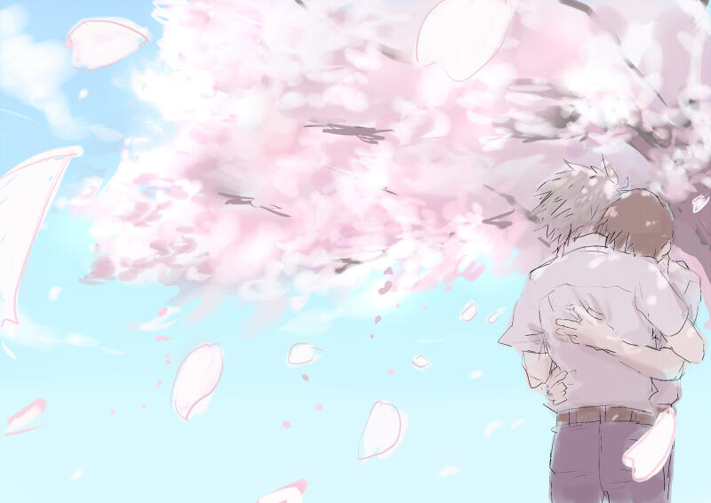 2boys, bad_id, bad_twitter_id, brown_hair, gradient_background, grey_hair, heze, hezeo_(suz888)