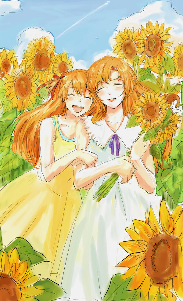 2girls, arm_grab, bad_id, bad_twitter_id, closed_eyes, dress, field, flower