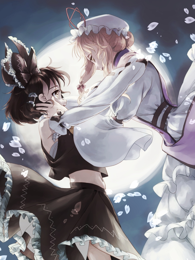 2girls, female_focus, from_side, full_moon, hair_ribbon, hair_up, hakurei_reimu, hands_on_another's_face