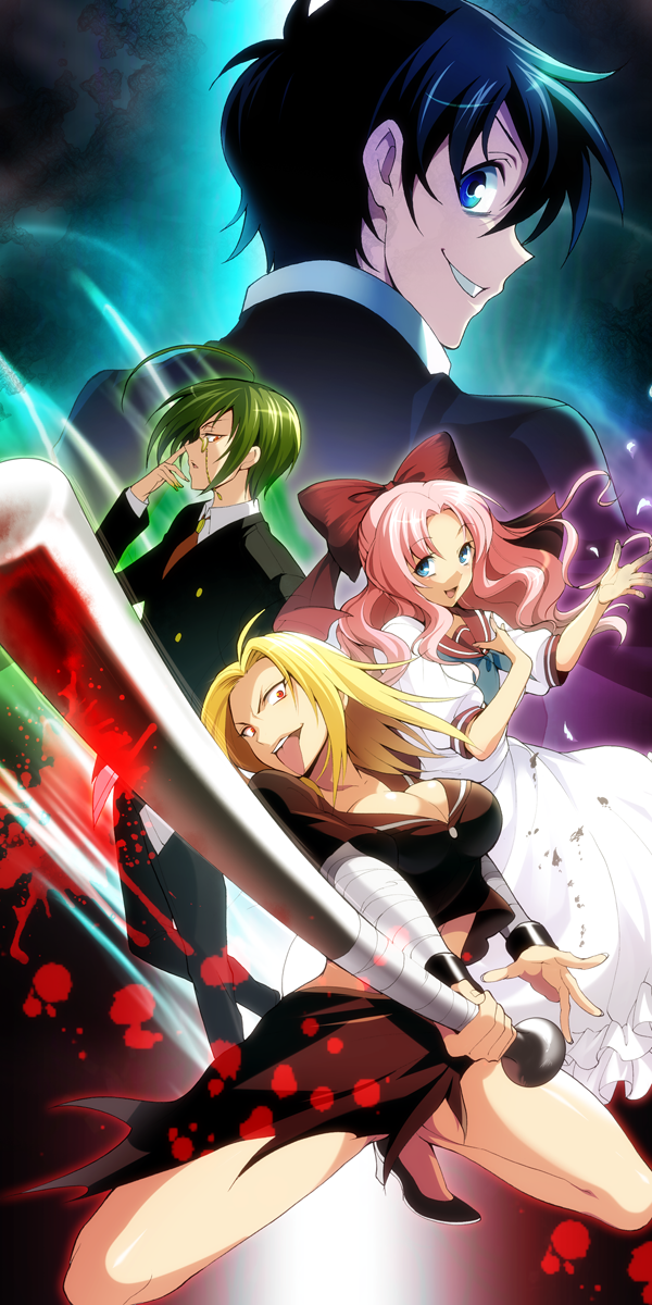 2boys, 2girls, adjusting_eyewear, ahoge, bandages, baseball_bat, black_hair, black_serafuku, blonde_hair, blood, blue_eyes, breasts, chougasaki_gagamaru, cleavage_cutout, clothing_cutout, dress, emukae_mukae, formal_clothes, gakuran, glasses, green_hair, hair_ribbon, hakka_(88hk88), high_heels, highres, kumagawa_misogi, large_breasts, long_hair, looking_back, medaka_box, multiple_boys, multiple_girls, open_mouth, orange_eyes, pink_hair, ponytail, red_eyes, ribbon, school_uniform, serafuku, shibushi_shibuki, shiny_skin, shoes, short_hair, suit