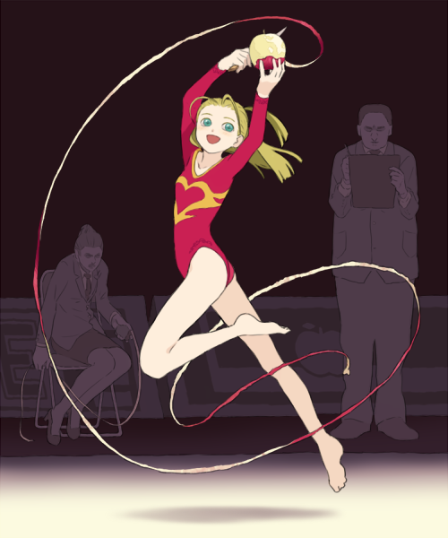 1boy, 2girls, apple, athletic_leotard, barefoot, blonde_hair, blue_eyes, food