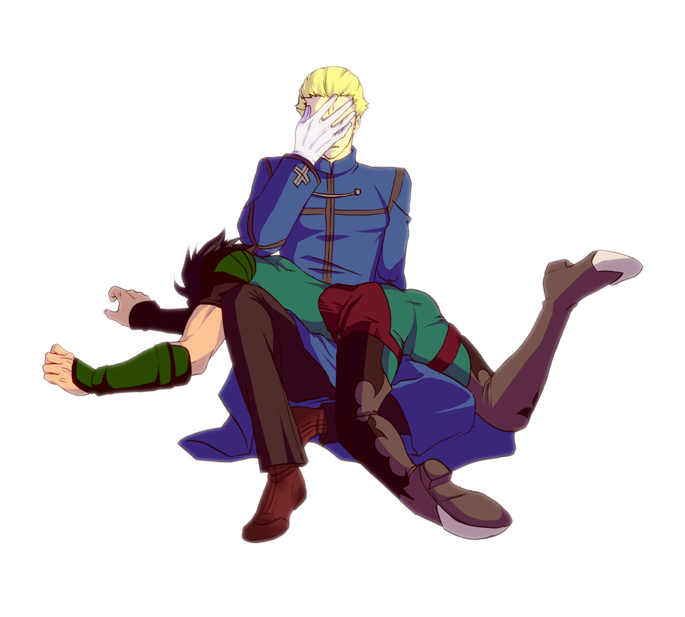 2boys, backlighting, bad_id, bad_pixiv_id, black_hair, blonde_hair, diarmuid_ua_duibhne_(fate), diarmuid_ua_duibhne_(lancer)_(fate), facepalm, fate/zero, fate_(series), gloves, jin-50, kayneth_archibald_el-melloi, male_focus, multiple_boys, sitting, white_gloves