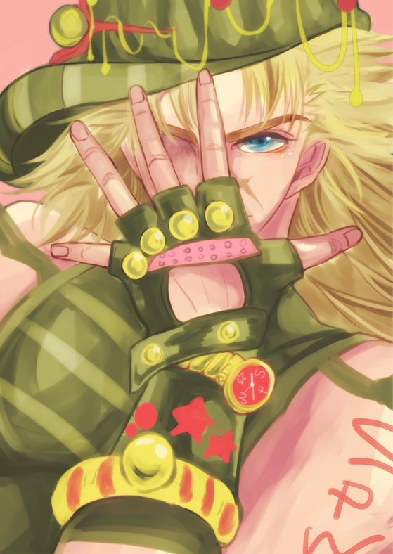1boy, blonde_hair, blue_eyes, cosplay, covering_face, hat, jojo_no_kimyou_na_bouken, jojo_pose